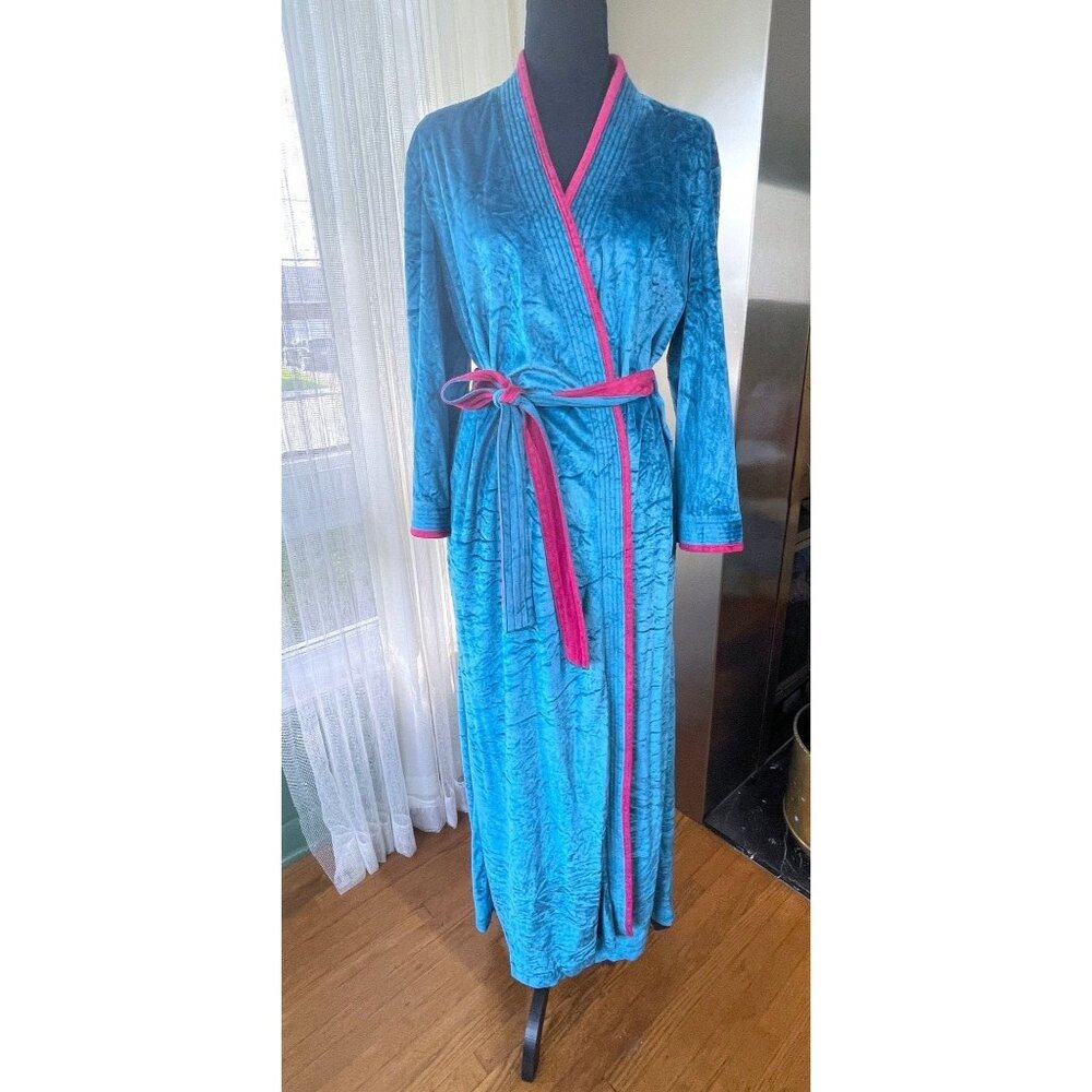 Vintage 1980s Sears robe, blue and pink crushed velvet house dress, 8/10 (Med)
